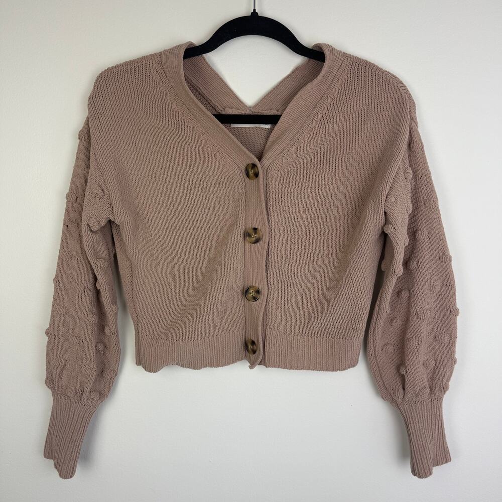 Moon & Madison Womens Long Sleeve Ball Cropped Knit Beige Button-Up Sweater XS